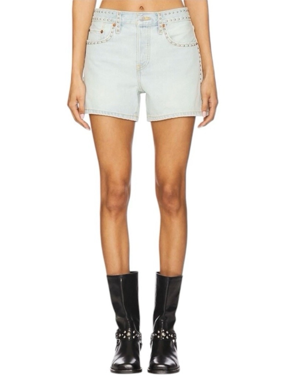 NWT RE/DONE Women's Studded Boy Short Acqua Sz 31 Mid Rise Denim Jean Short $295